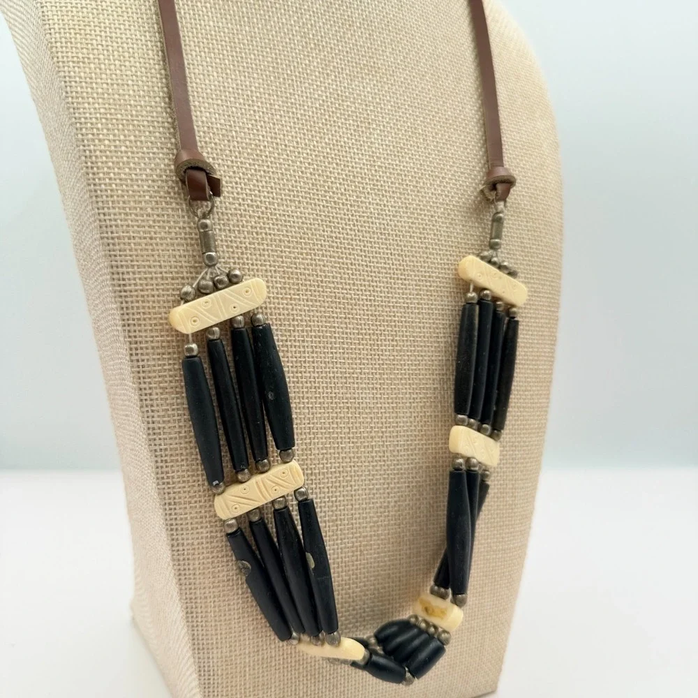 Vintage 90s Tribal Statement Necklace Wood Glass Beads Leather Cord Boho Jewelry